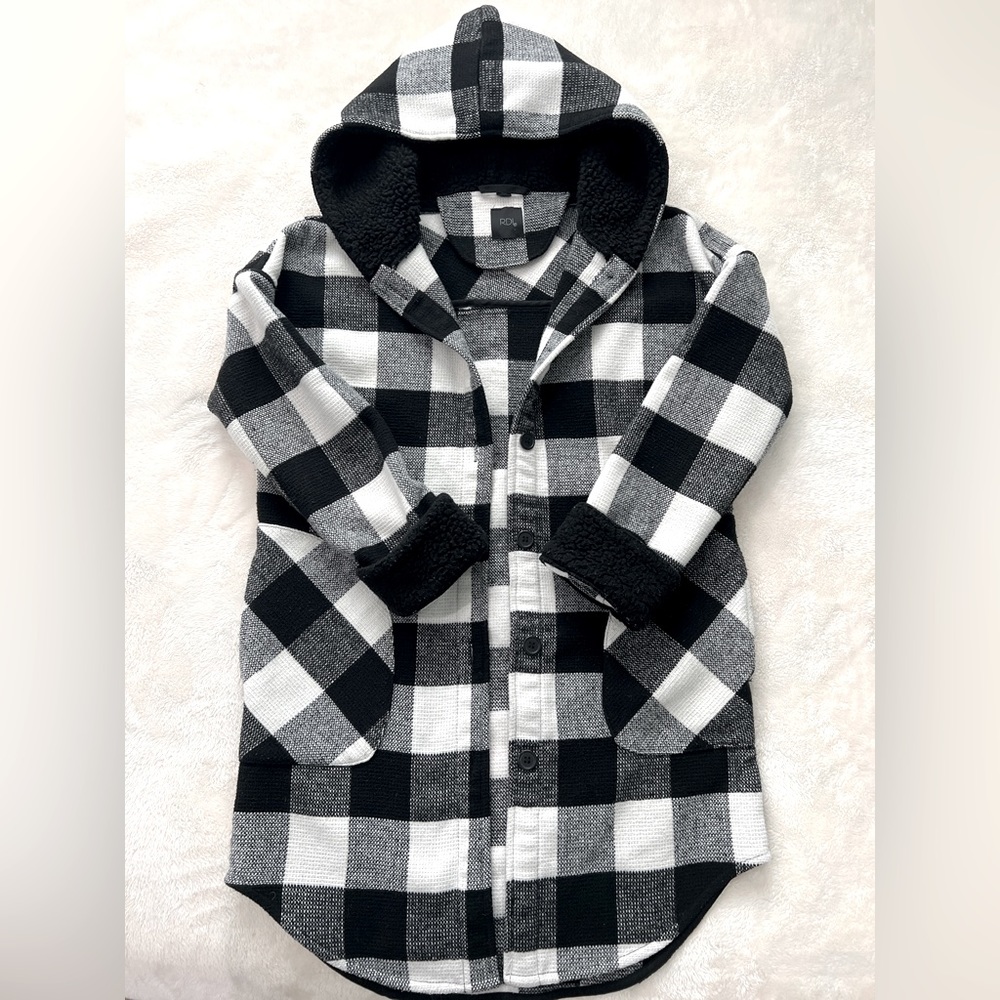 RDI Black and White Buffalo Plaid Hoodie Oversized Jacket Shacket Coat